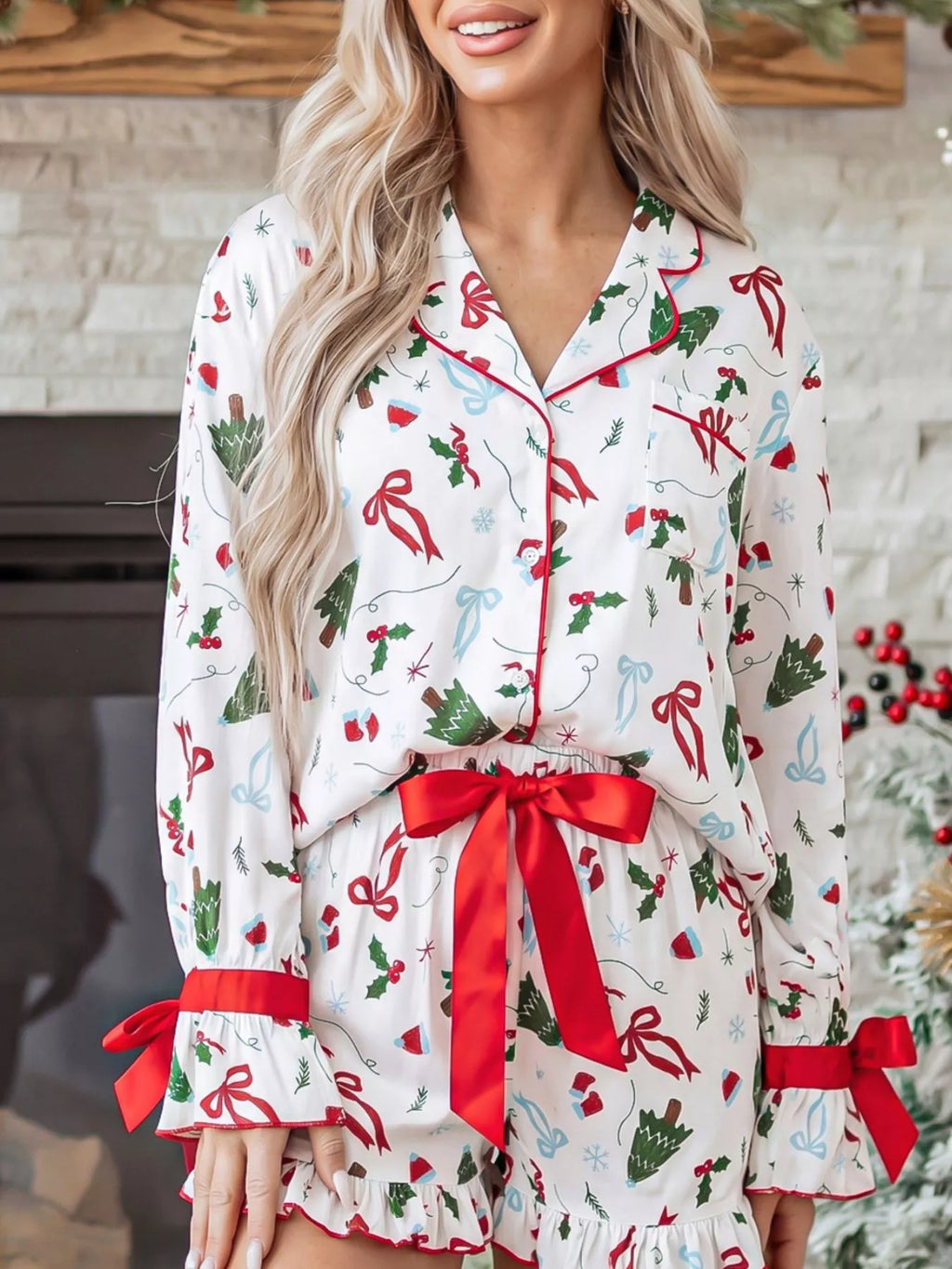White Christmas print ruffle cuff lounge set with top and shorts - view 1