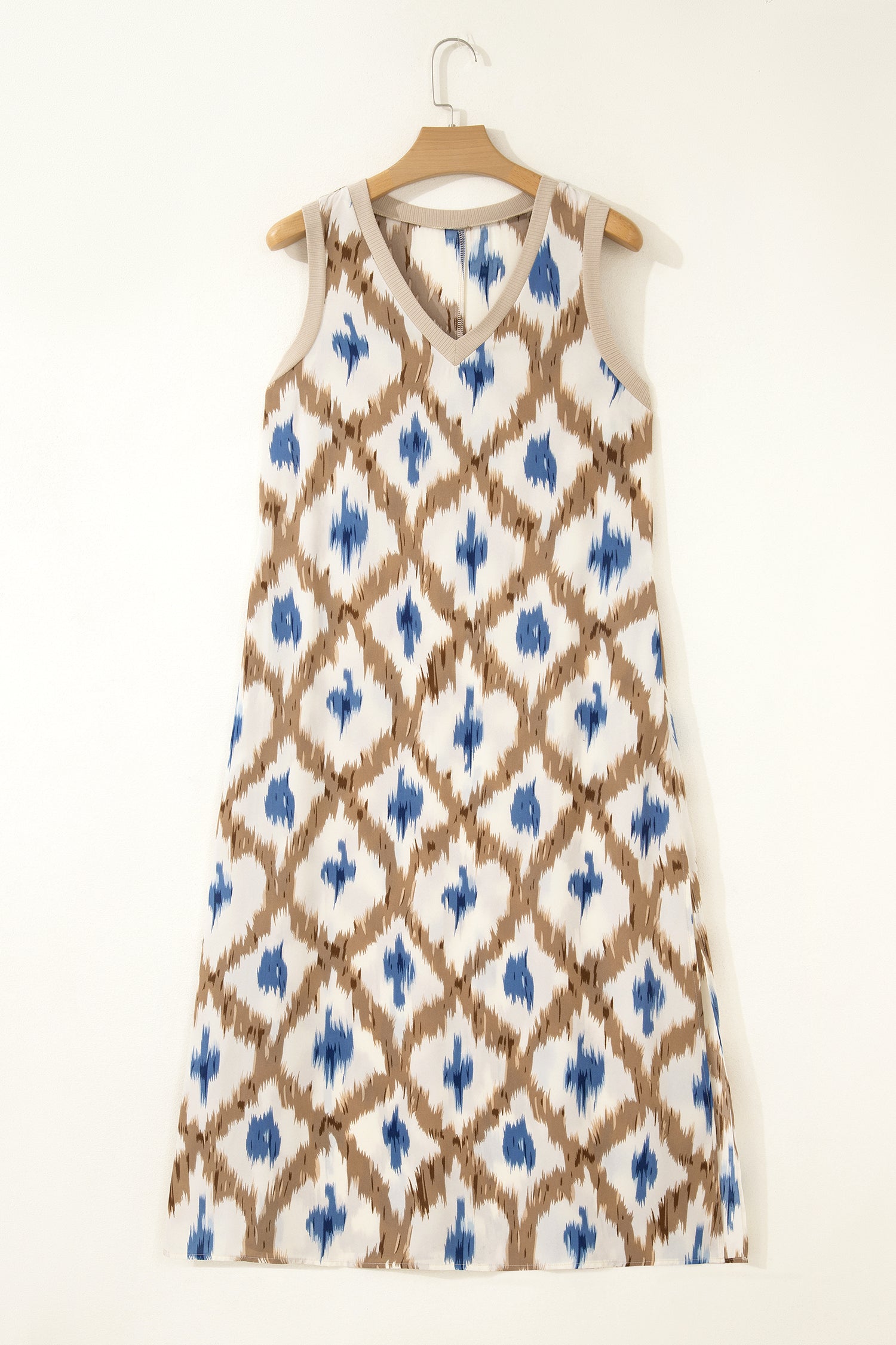 Boho Abstract V-Neck Sleeveless Maxi Dress in Khaki - back view