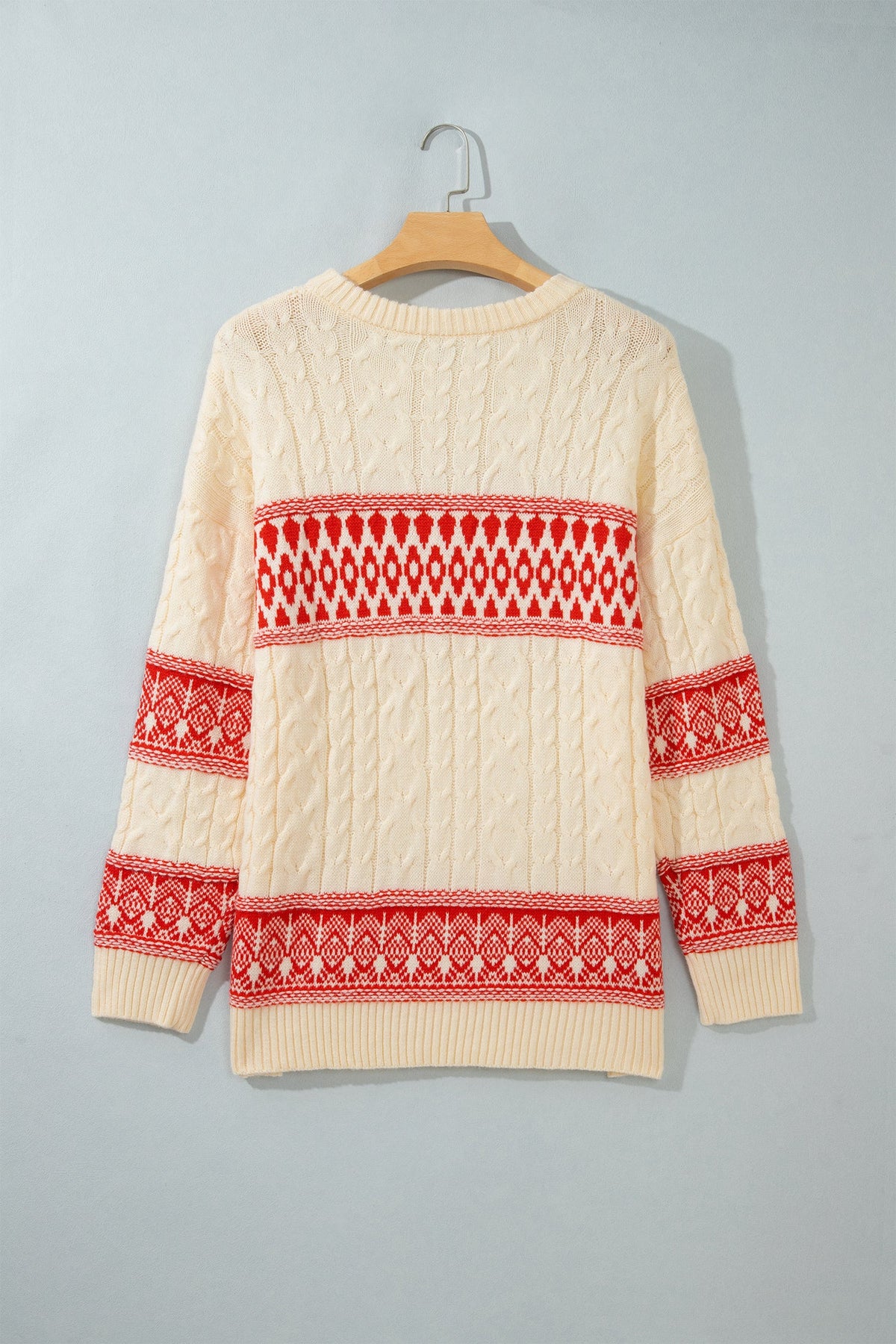 Western Fair Isle Cable Knit Sweater in red, styled view