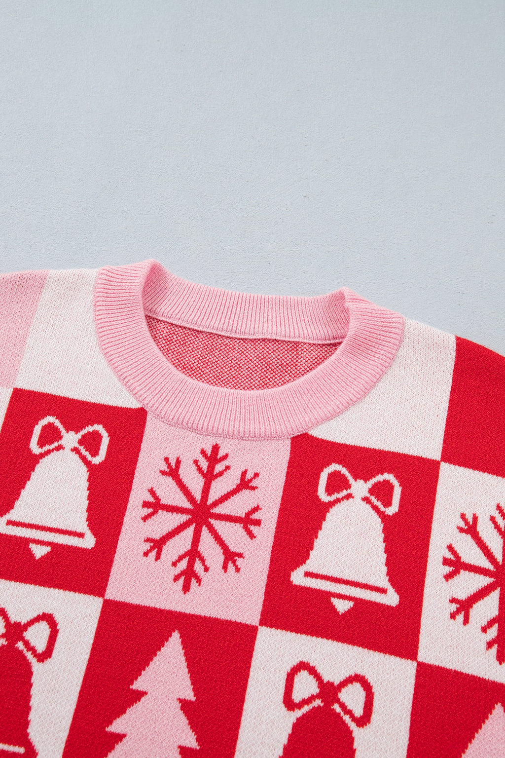 Christmas Checker Sweater in pink, back view