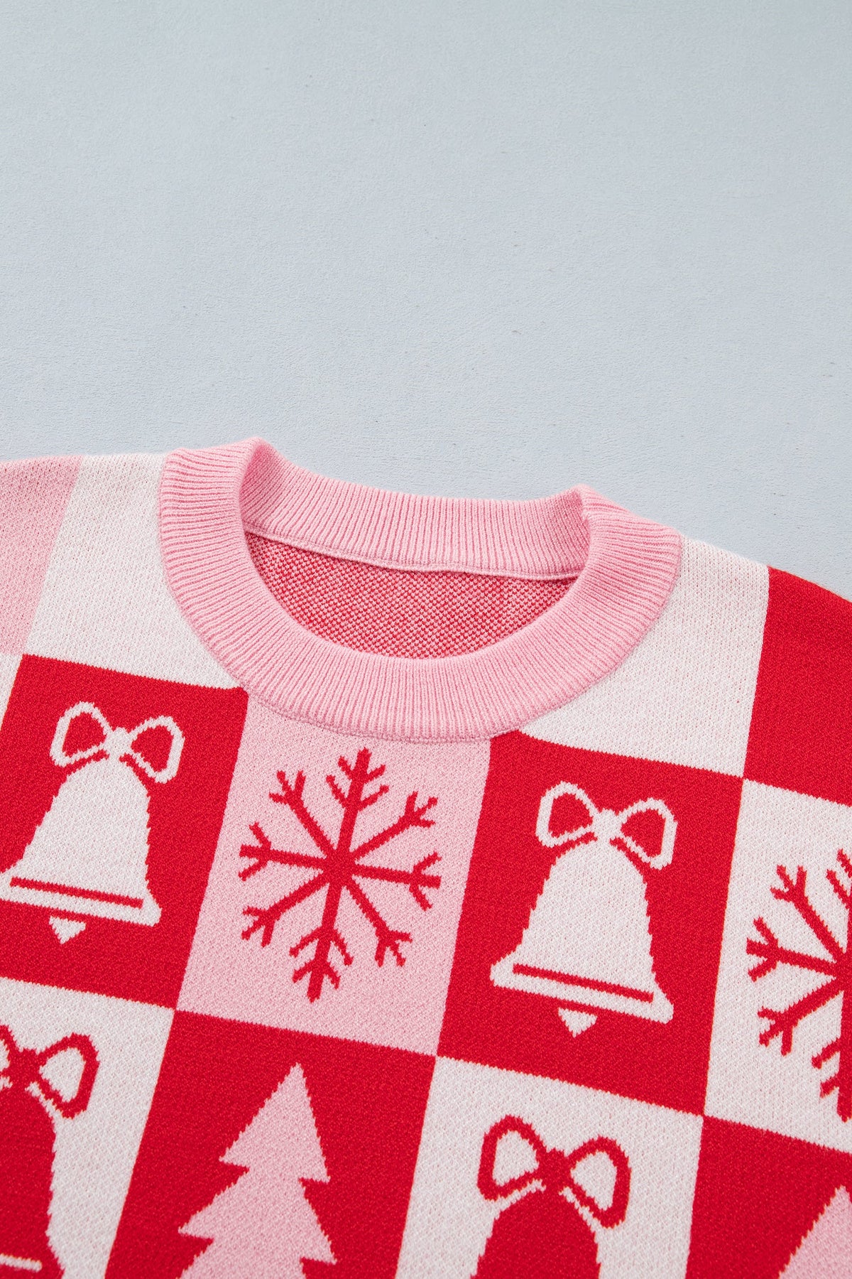Christmas Checker Sweater in pink, back view