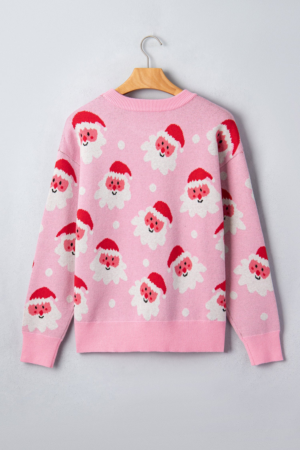 Santa Ribbed Trim Long Sleeve Christmas Sweater in Pink, styled view
