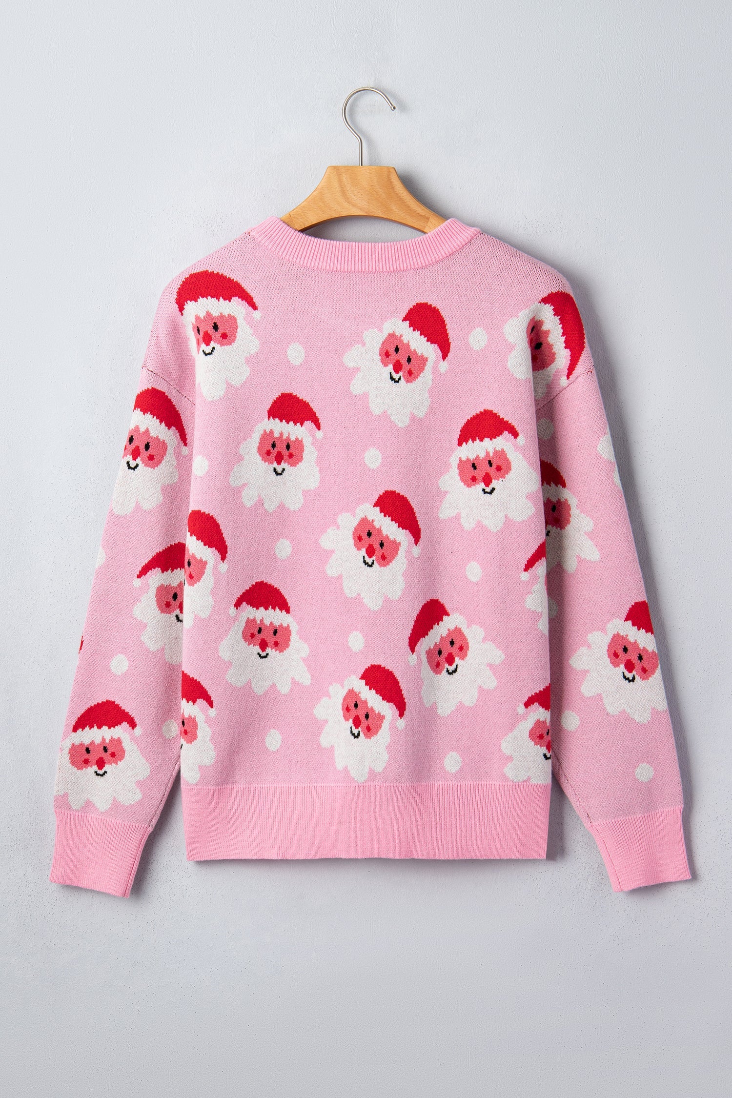 Santa Ribbed Trim Long Sleeve Christmas Sweater in Pink, styled view