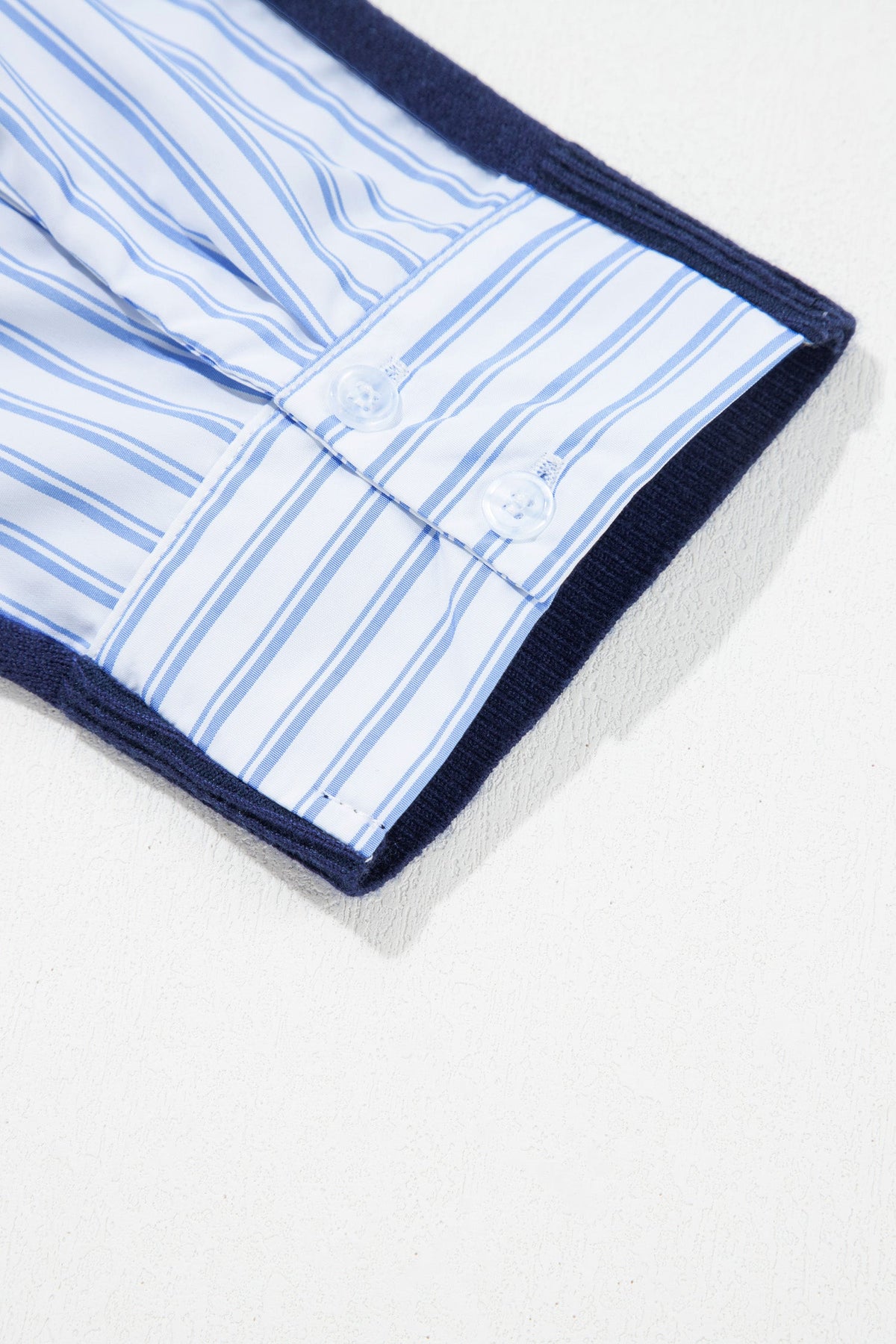 Stripe Patchwork Drop Shoulder Sweater in navy blue, back view