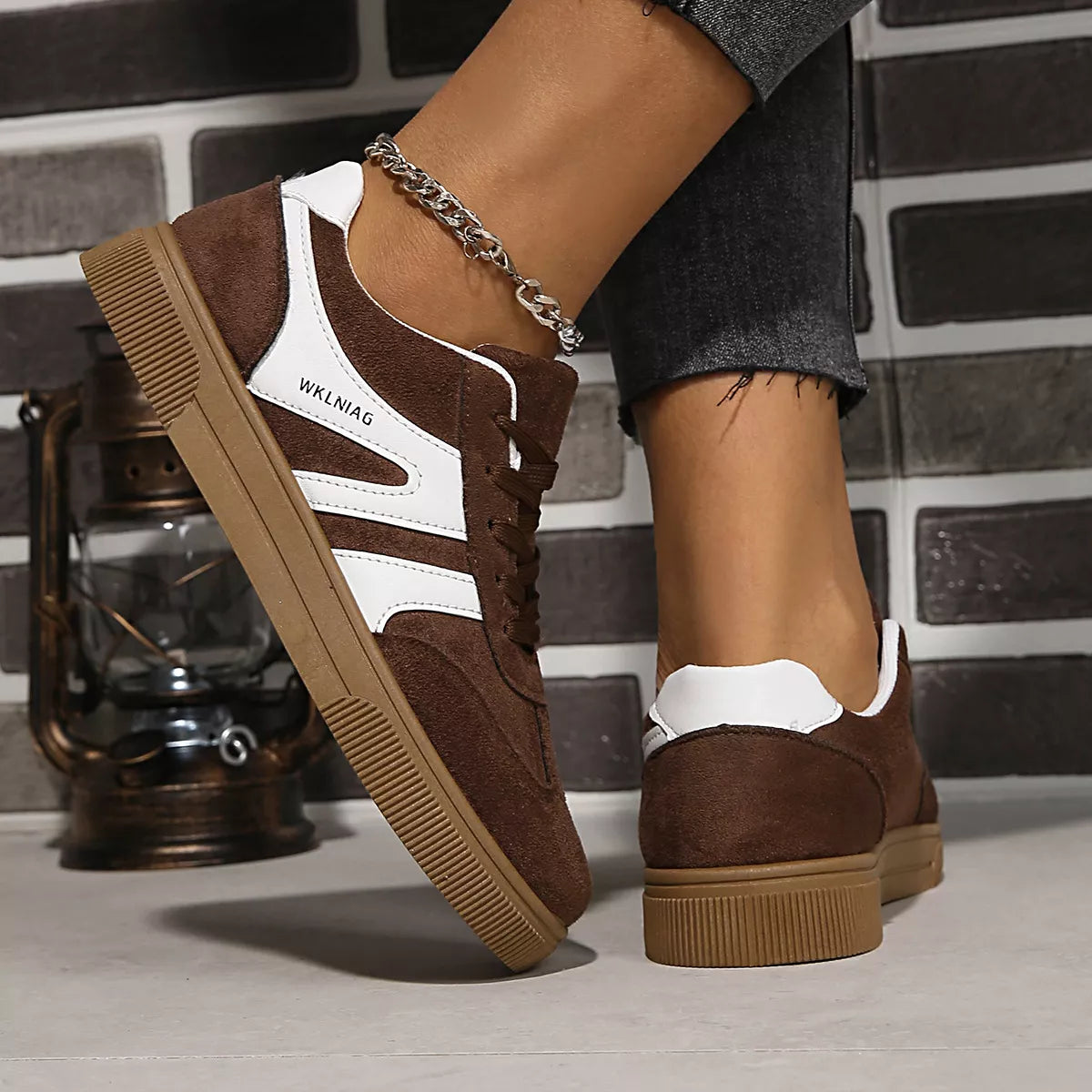Round Toe Lace Up Sneakers in Brown - back view