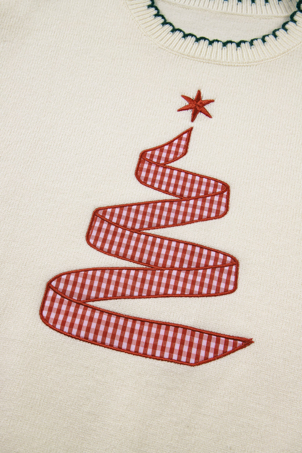 Gingham Christmas Tree Contrast Stitching Sweater, close-up detail