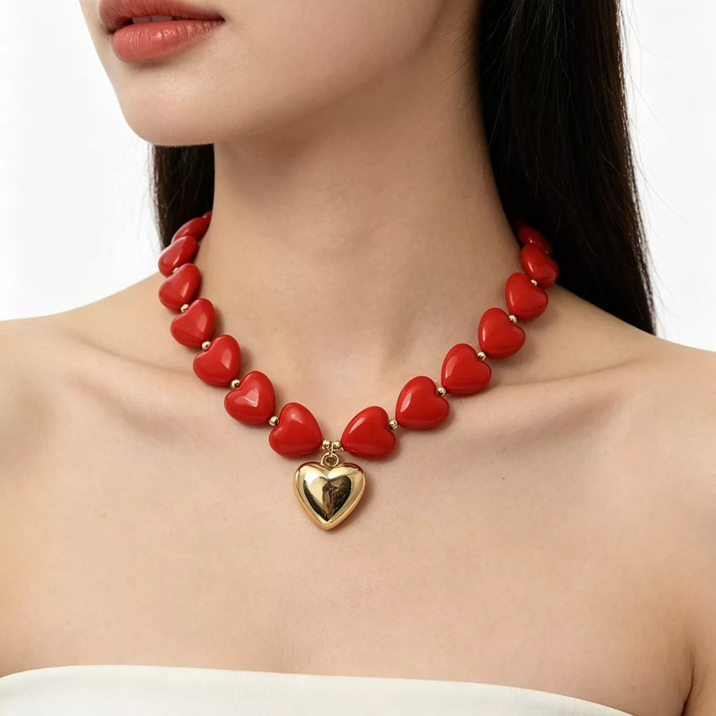 Heart-Shaped Resin Beaded Necklace - front view