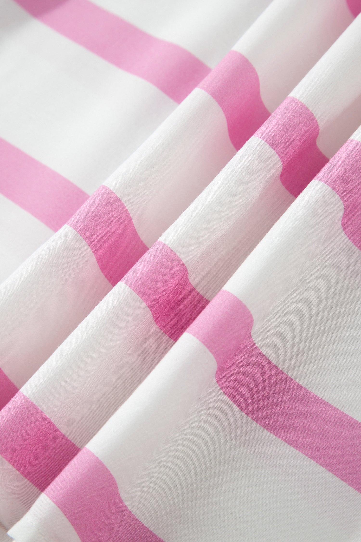 Stripe Ricrac Trim Notched Neck Midi Dress in Pink Stripe with empire waistline, notched V-neckline, ricrac trim, and puff sleeves shown on model