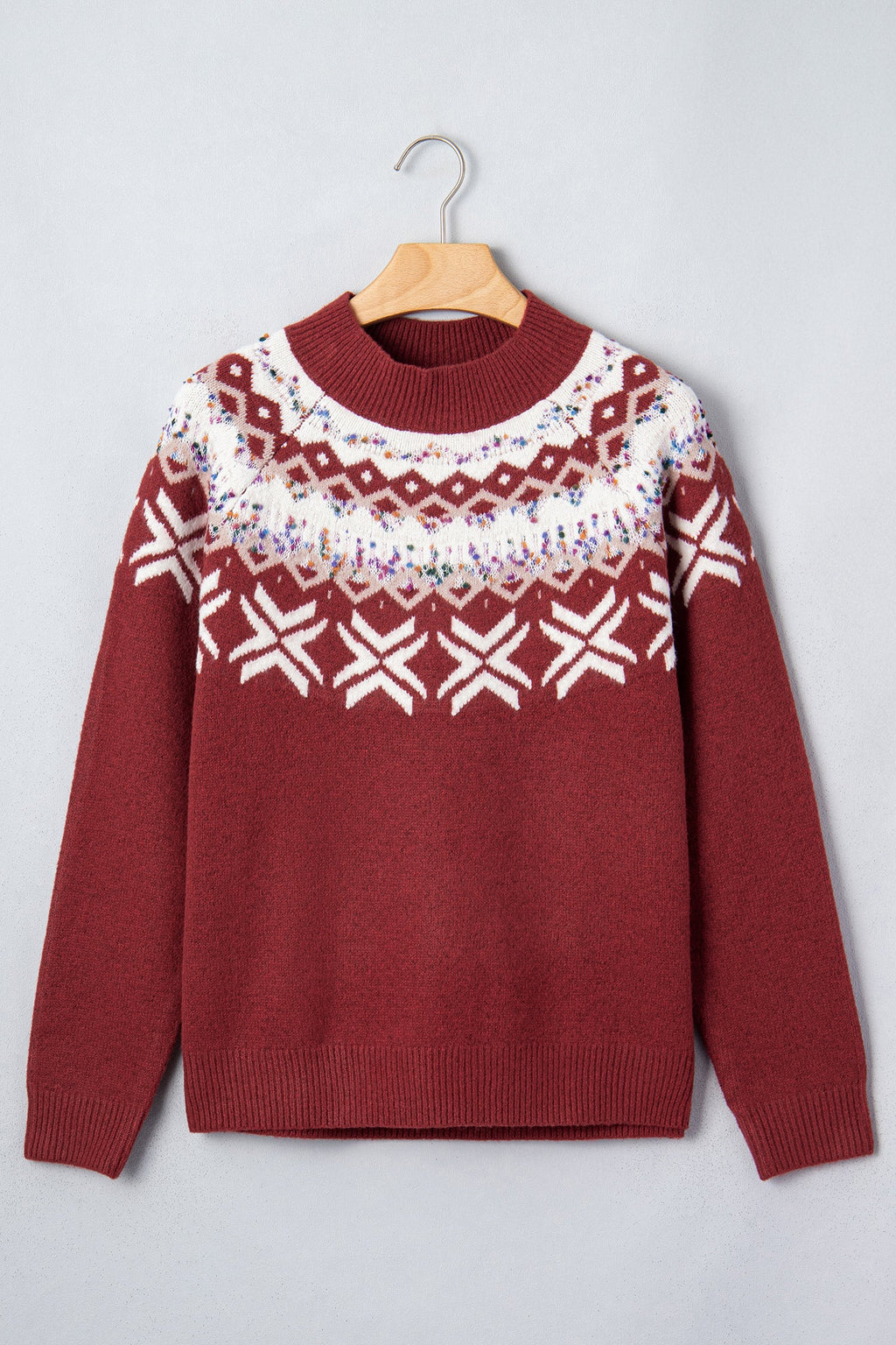 Christmas Fair Isle Raglan Sweater in chicory coffee and red dahlia, detail view