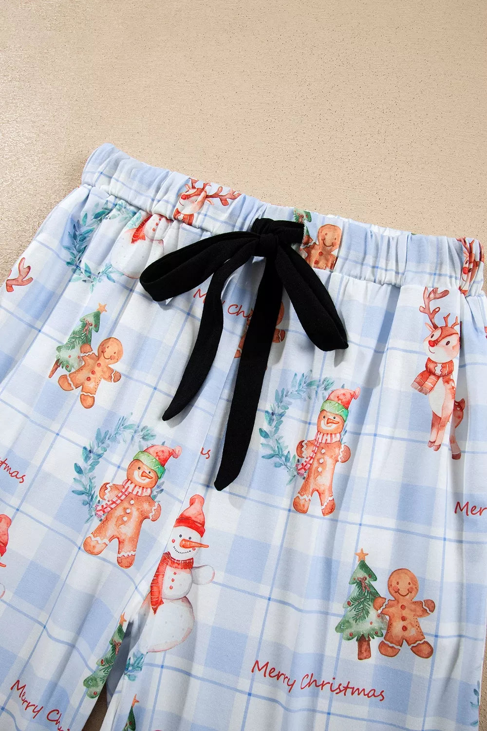 Light blue plaid Christmas pajama set with button-front shirt and pants - view 7