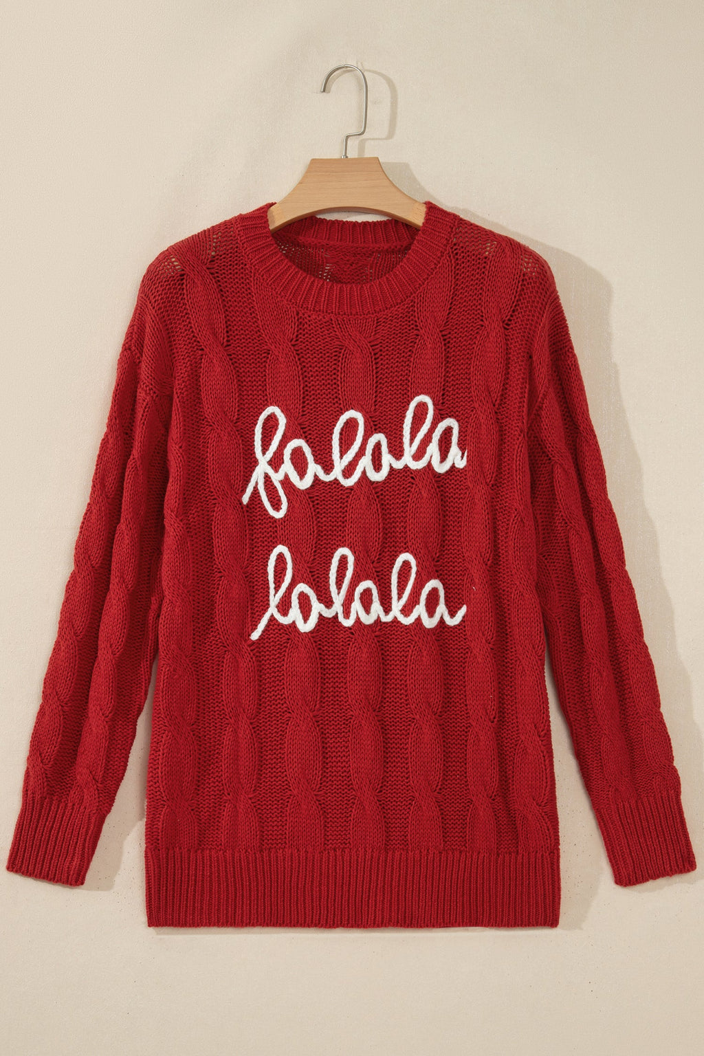 Christmas Fa La La Cable Knit Sweater in fiery red, detail view