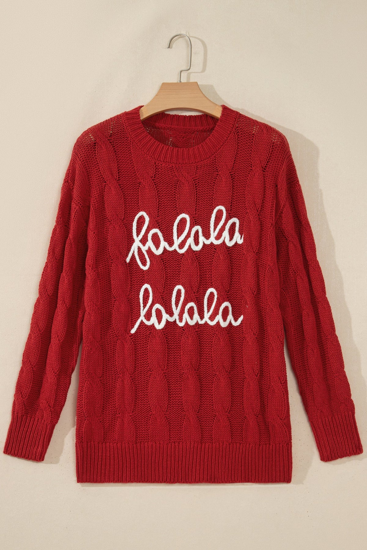 Christmas Fa La La Cable Knit Sweater in fiery red, detail view