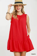 Umgee Sleeveless Ruffle Trim Drop Waist Mini Dress in Tomato - front view showing drop waist and ruffle hem