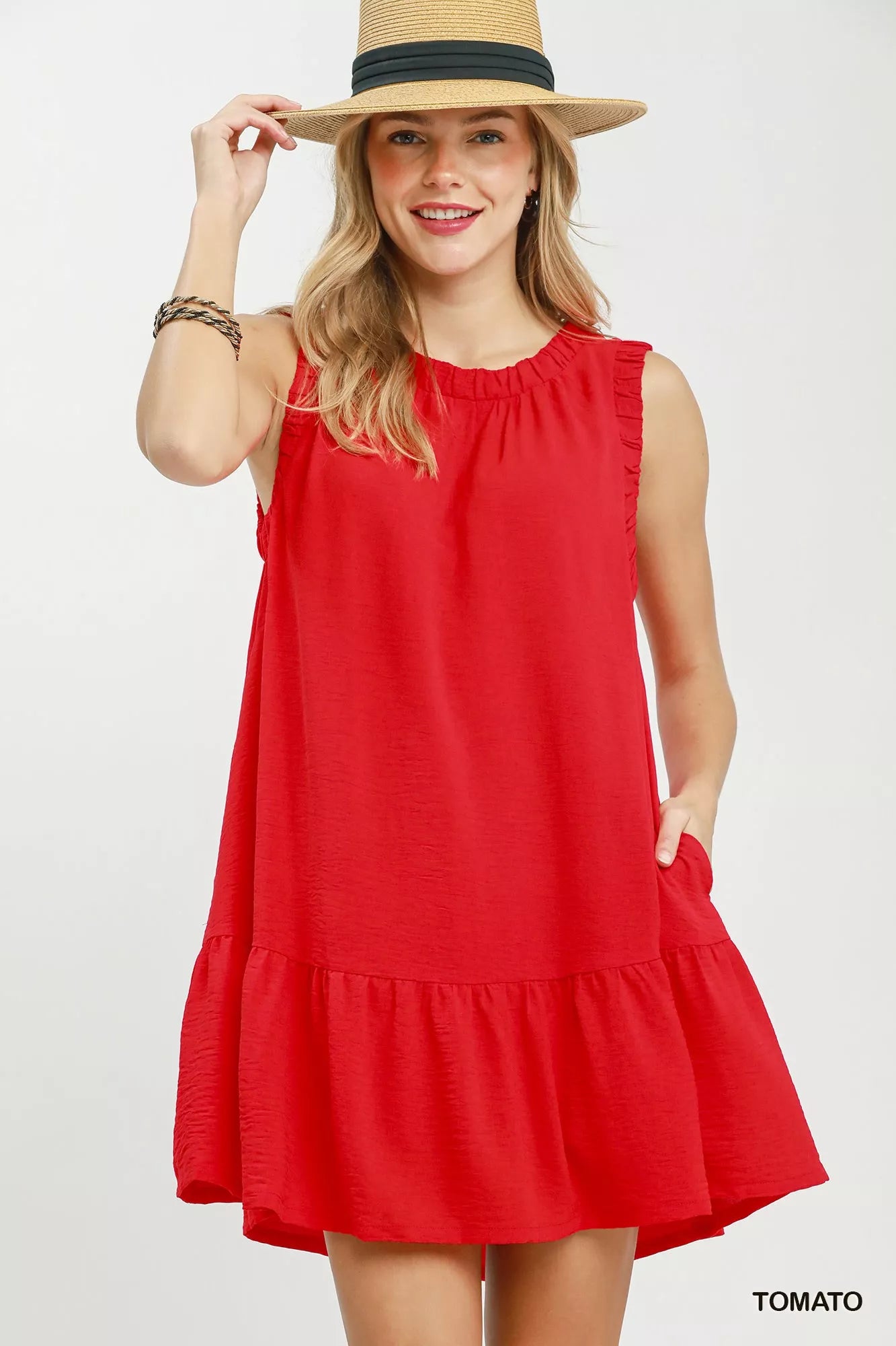 Umgee Sleeveless Ruffle Trim Drop Waist Mini Dress in Tomato - front view showing drop waist and ruffle hem