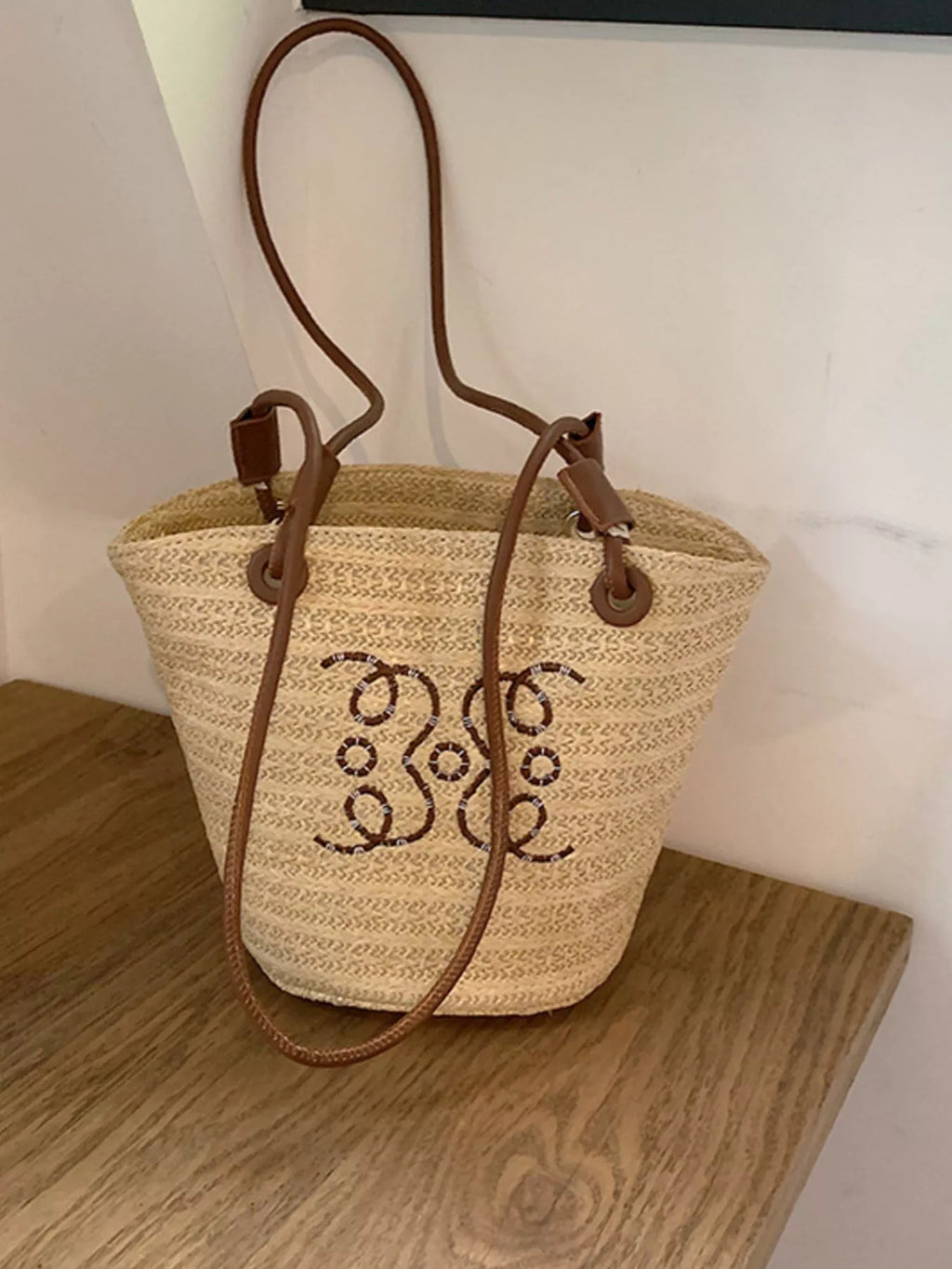 Straw Bucket Shoulder Bag in Khaki - natural straw weave bucket silhouette