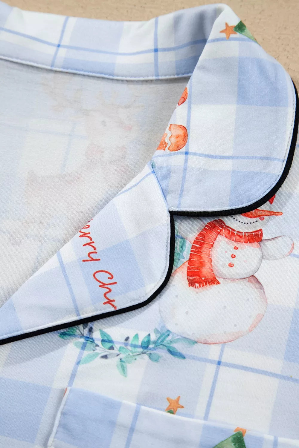 Light blue plaid Christmas pajama set with button-front shirt and pants - view 13