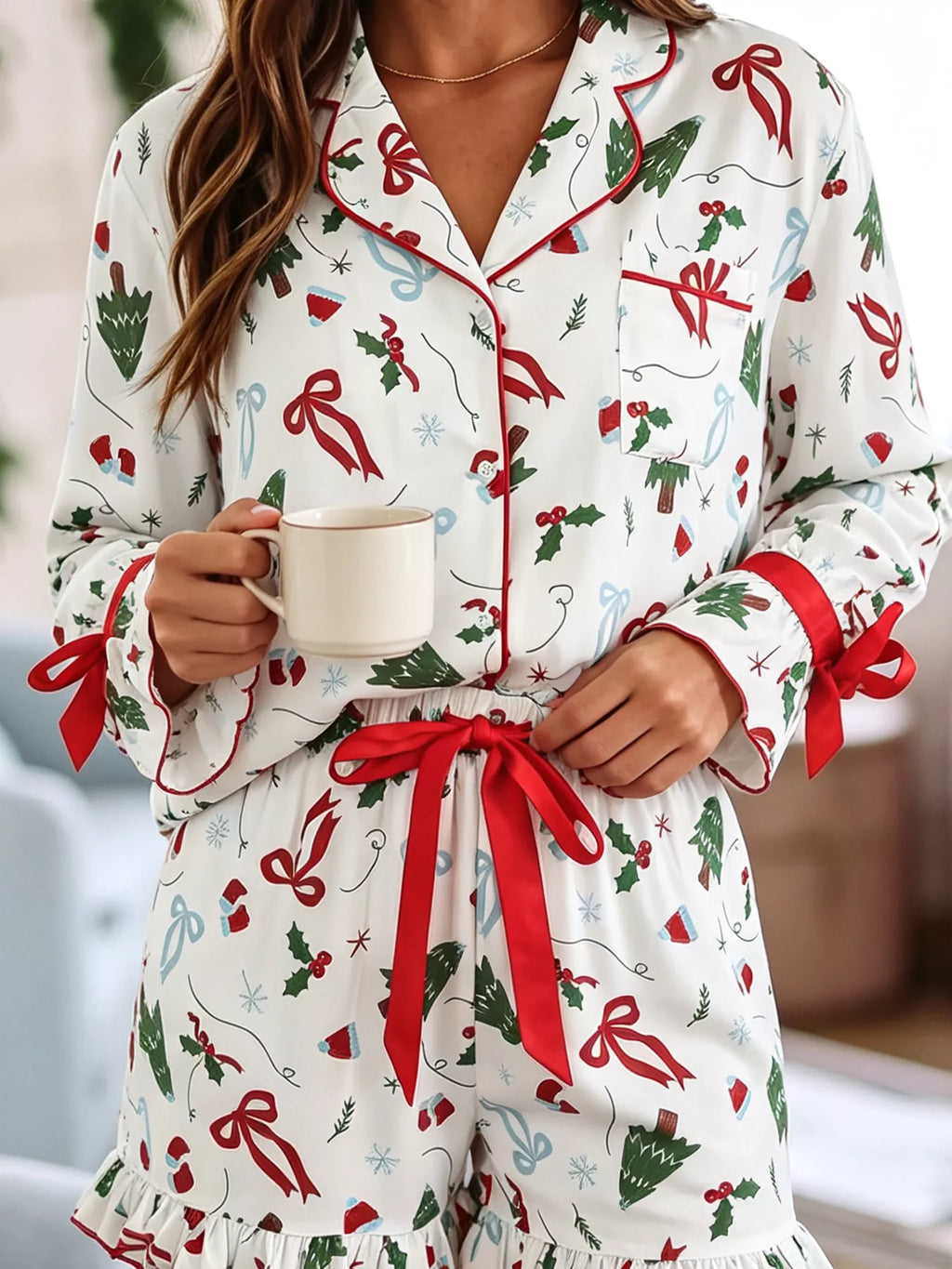 White Christmas print ruffle cuff lounge set with top and shorts - view 3