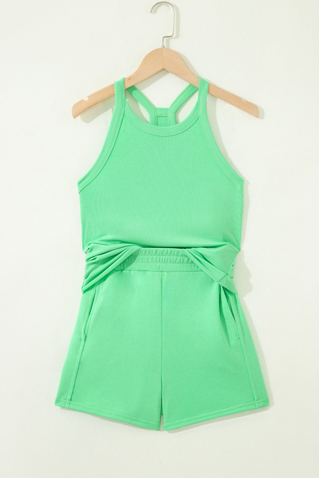 Solid Ribbed Tank Top and Shorts Set in Sky Blue - back view