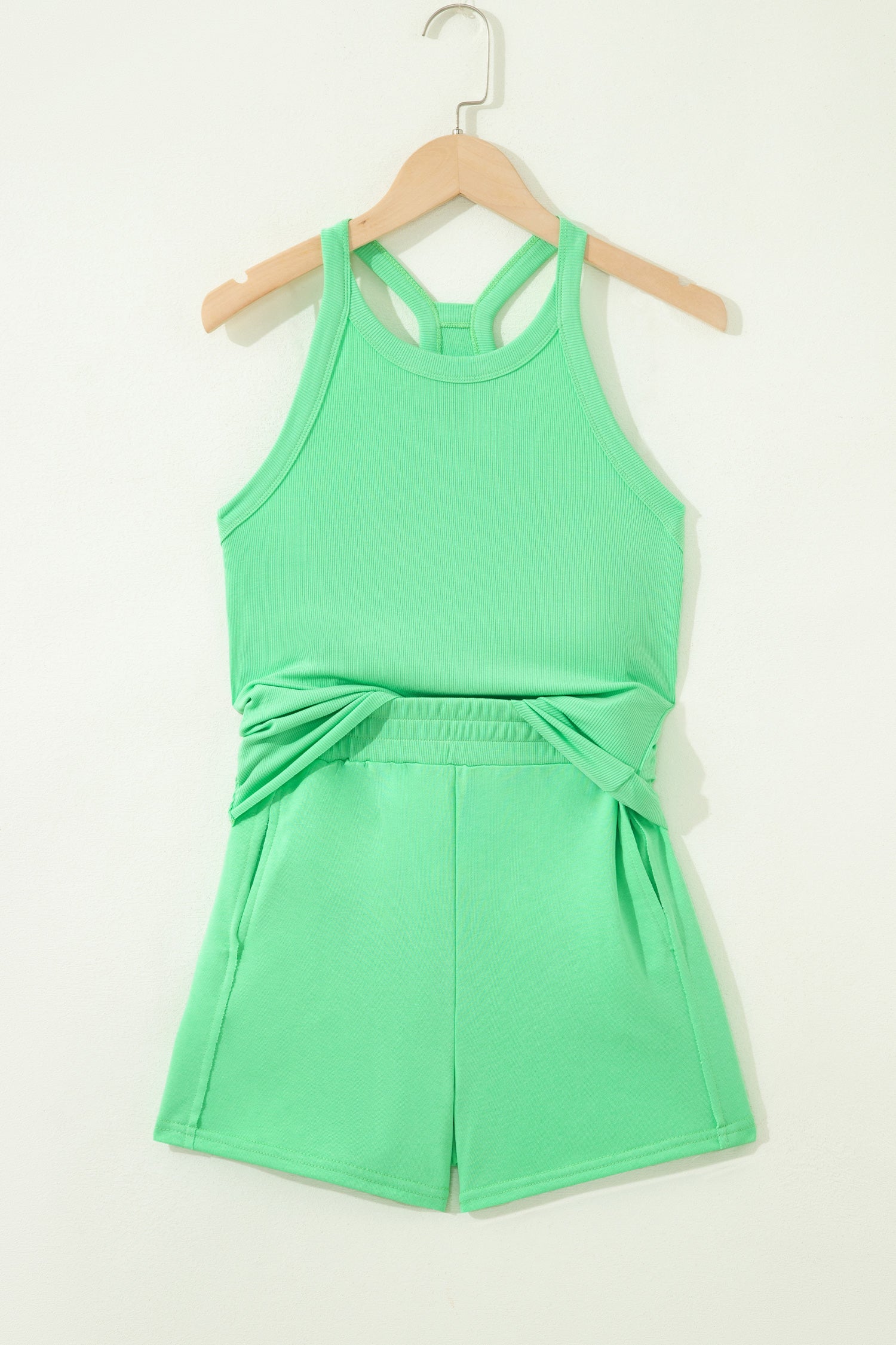 Solid Ribbed Tank Top and Shorts Set in Sky Blue - back view
