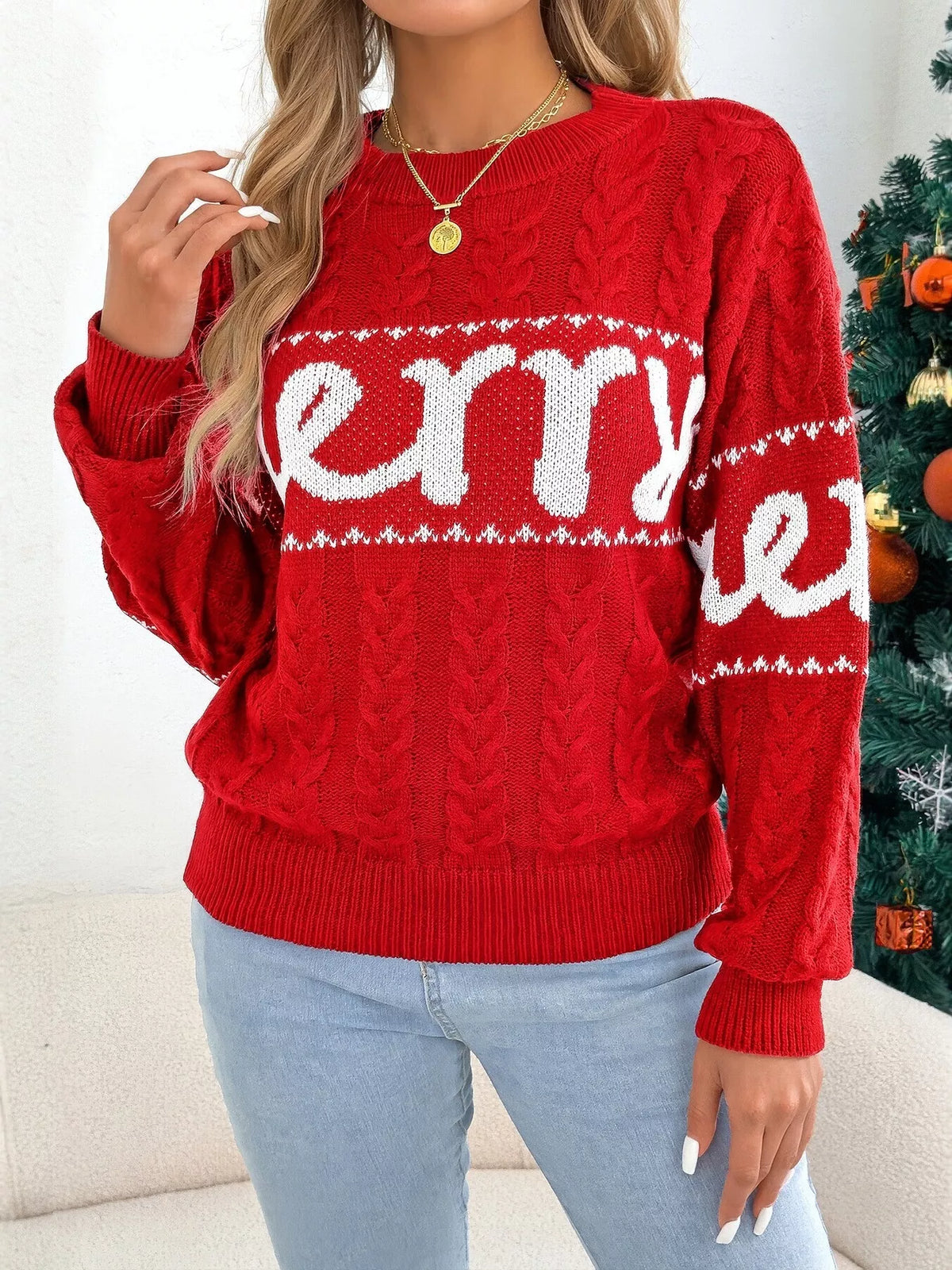 Merry cable knit Christmas sweater in red and green - view 1