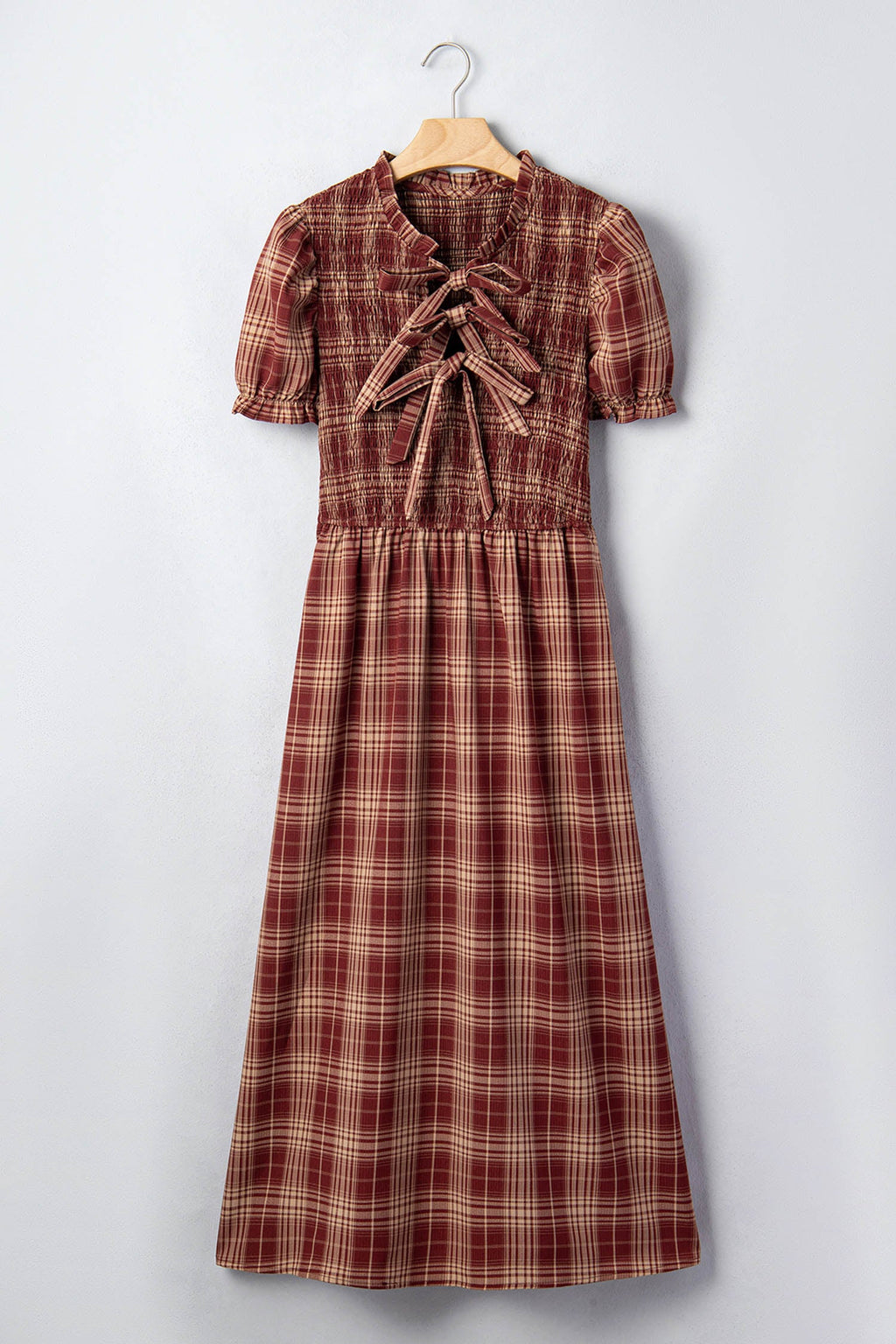 Plaid Vintage Knot Front Smocked High Waist Midi Dress in Red, detail view