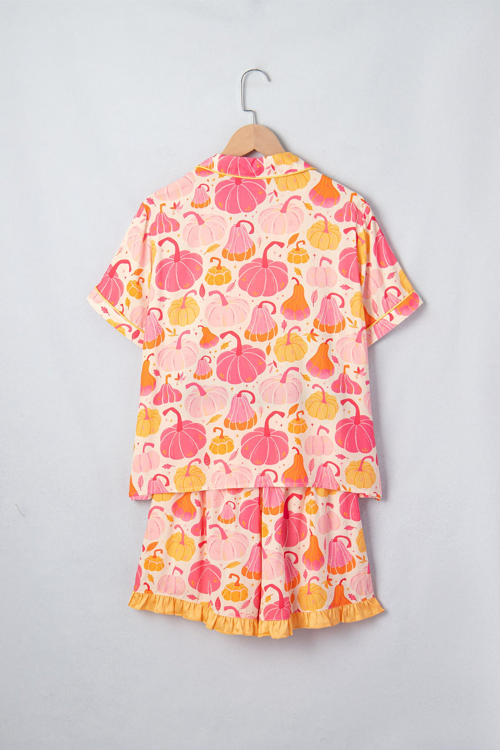 Halloween Pumpkin Top and Ruffle Shorts Lounge Set in Pink, styled view