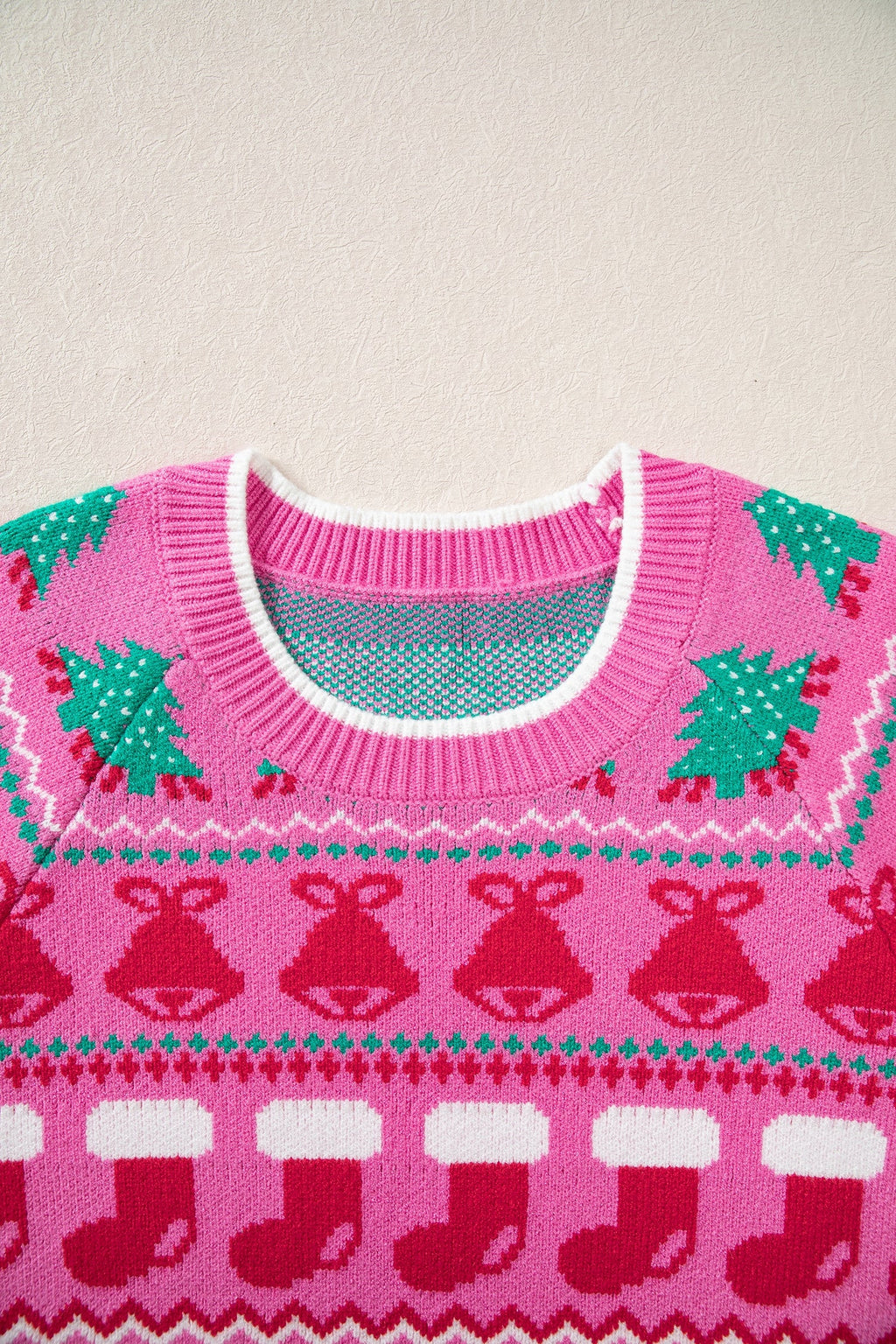Christmas Bells & Bows Sweater in pink, back view
