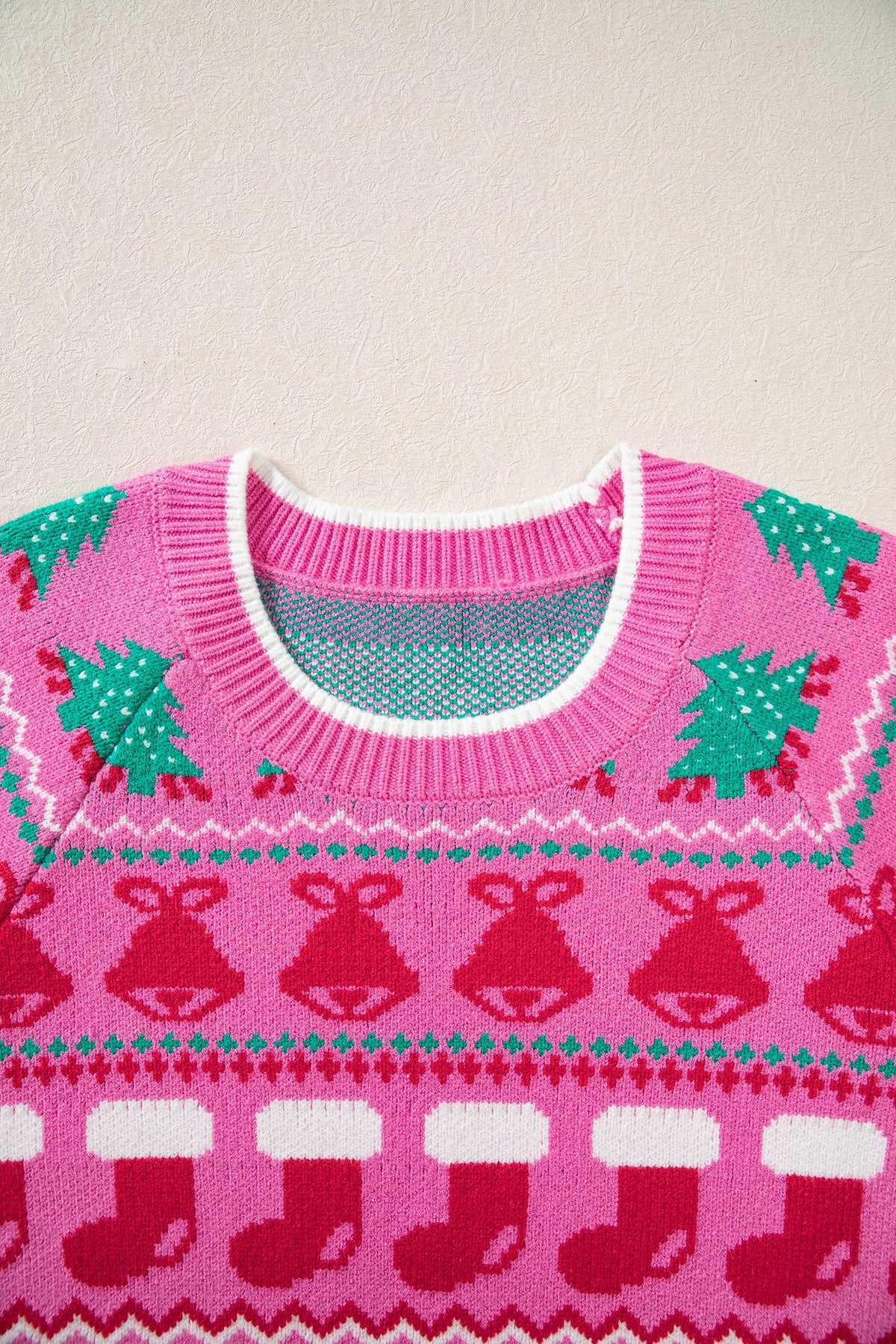 Christmas Bells & Bows Sweater in pink, back view