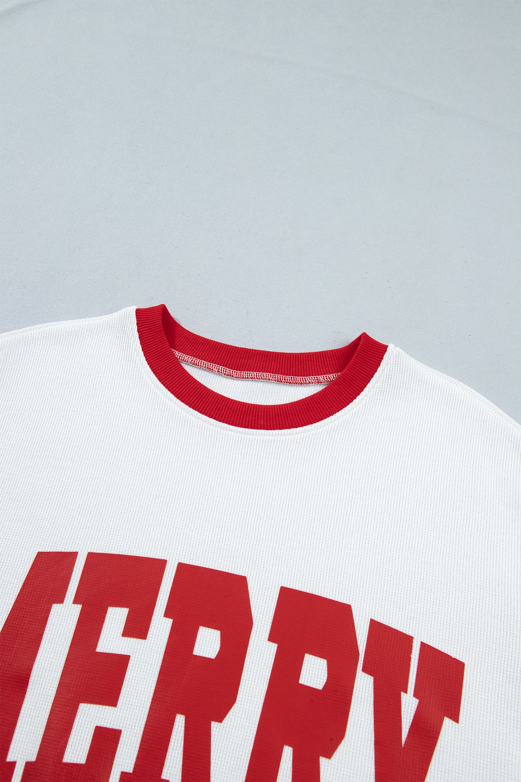 Merry Colorblock Waffle Knit Christmas Sweatshirt in Beige, back view