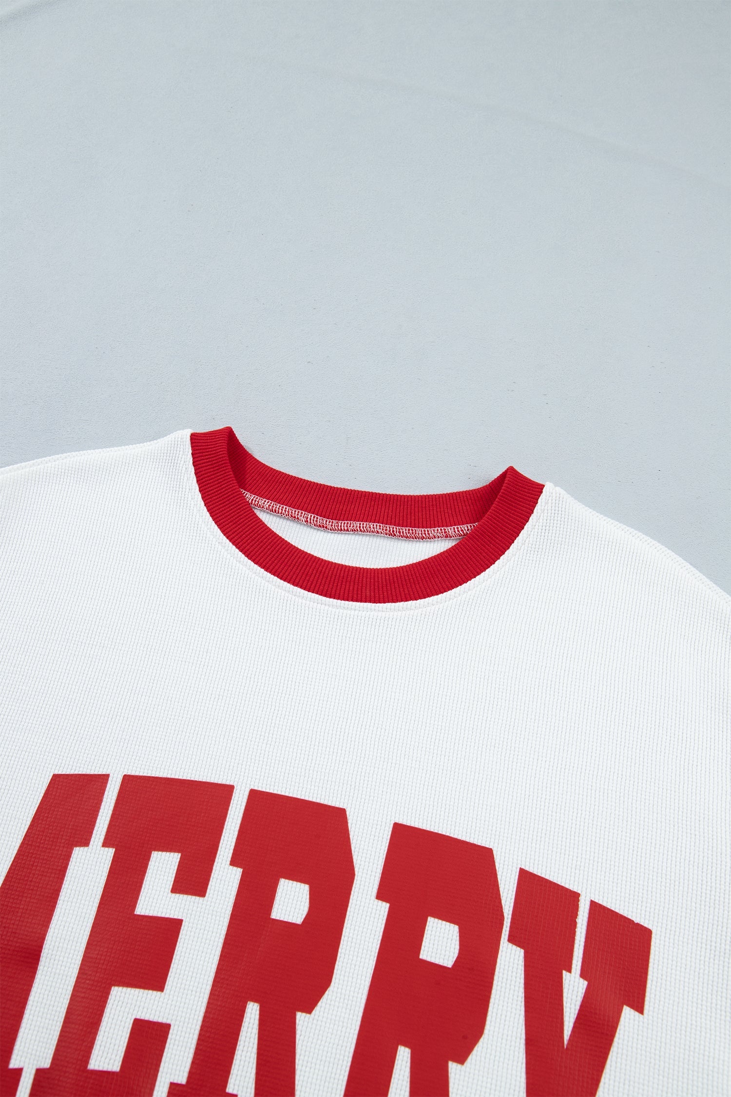 Merry Colorblock Waffle Knit Christmas Sweatshirt in Beige, back view