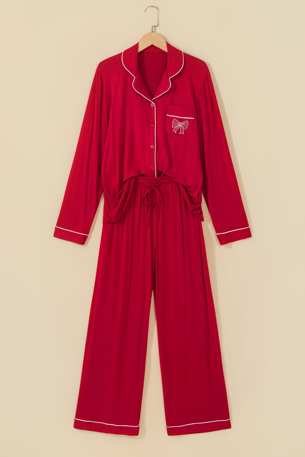 Bow Embroidered Pajama Set in racing red, bow pocket detail
