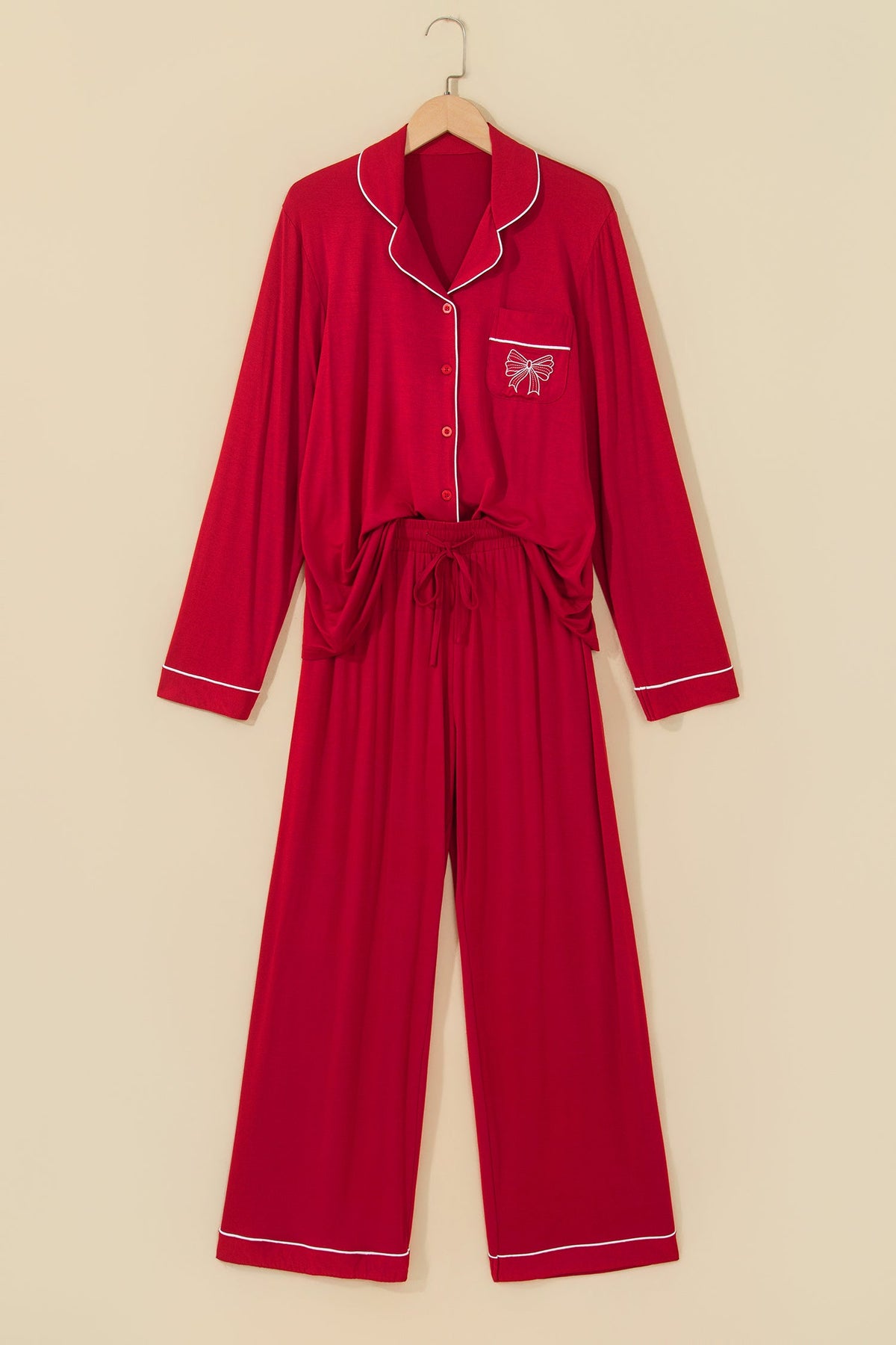 Bow Embroidered Pajama Set in racing red, bow pocket detail