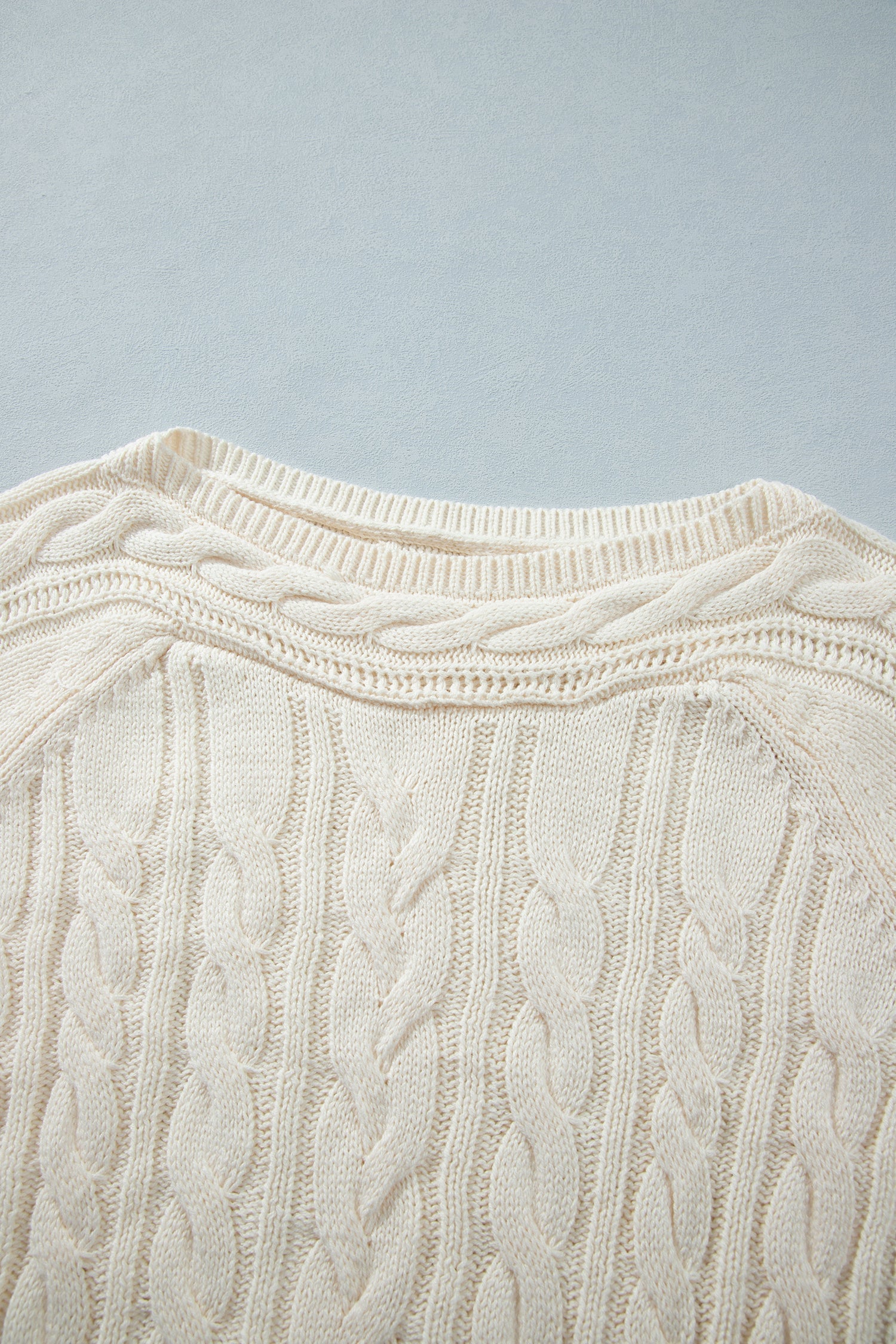 Cable Knit Round Neck Sweater in beige, close-up