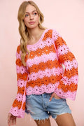 BiBi Flower Crochet Knit Top in Pink/Red, floral crochet detailing
