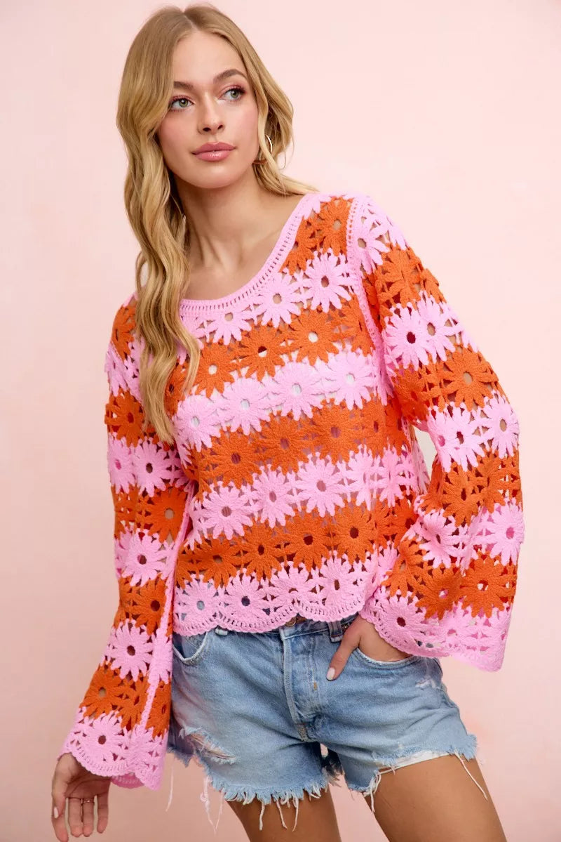 BiBi Flower Crochet Knit Top in Pink/Red, floral crochet detailing