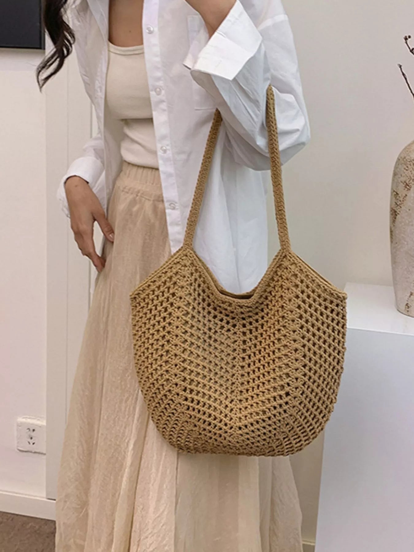 Woven Straw Shoulder Bag in Khaki - natural straw weave shoulder bag
