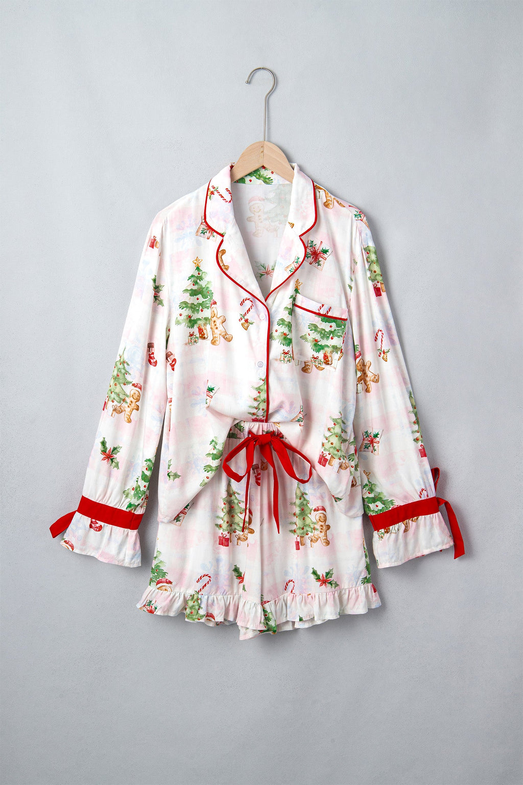 Christmas Bow Tie Pajama Set in pink, detail