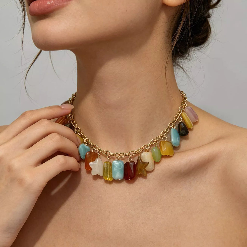 Bohemian Multi-Color Gemstone Charm Necklace - close up of charm detail