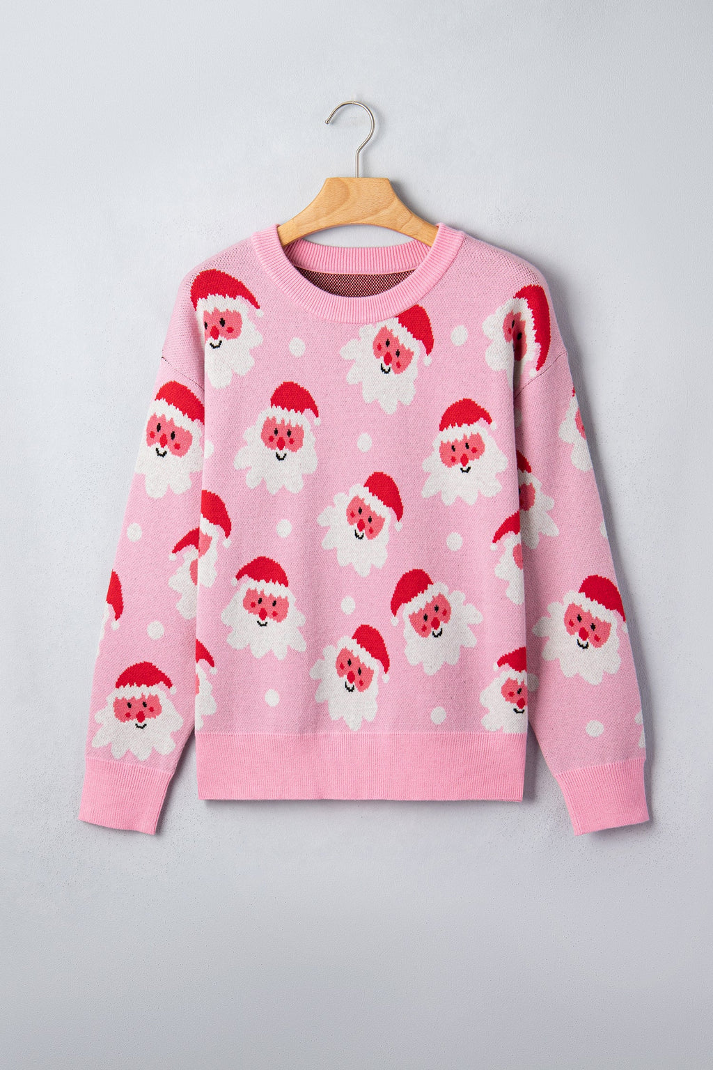 Santa Ribbed Trim Long Sleeve Christmas Sweater in Pink, detail view