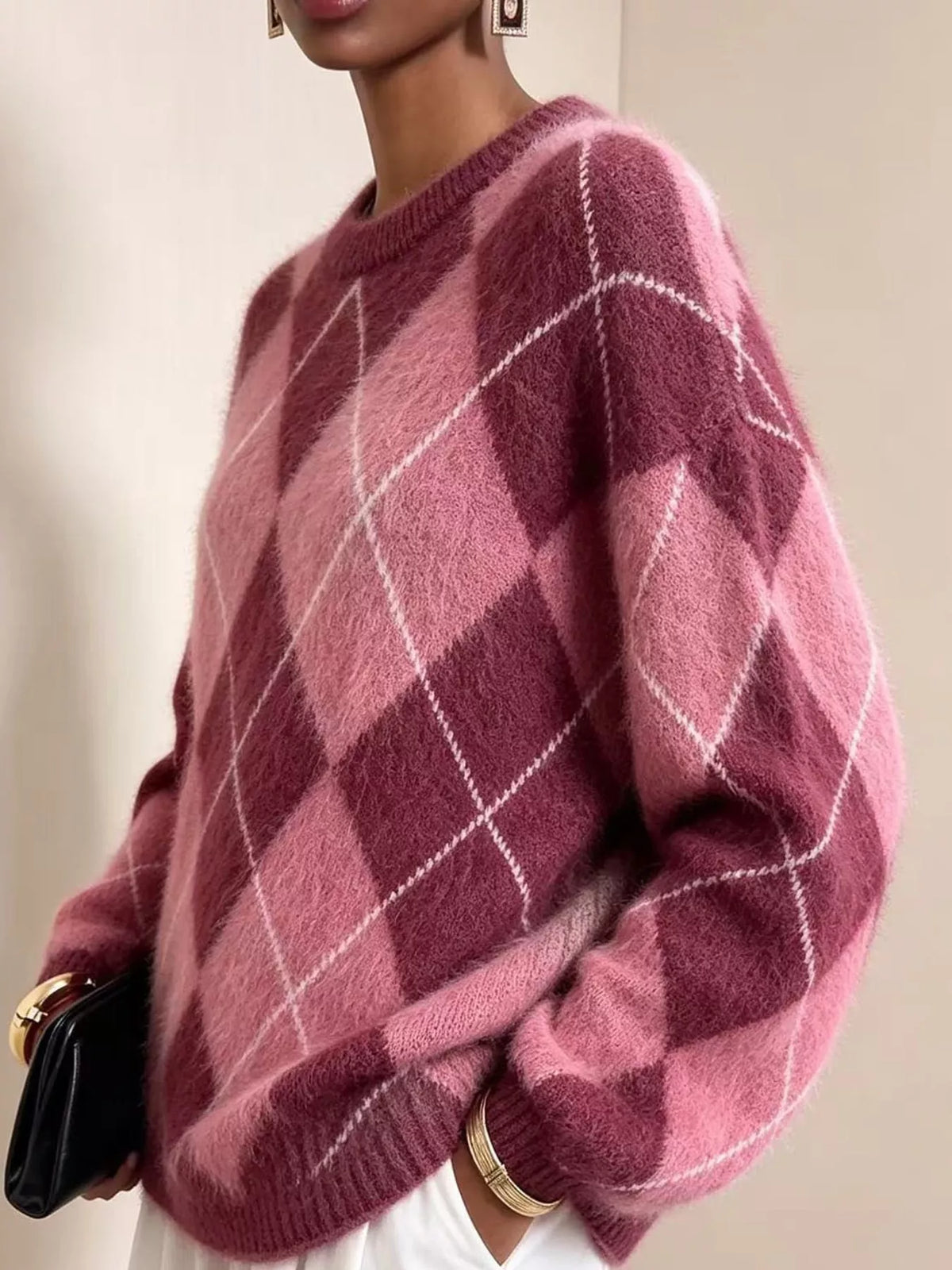 Argyle fuzzy knit sweater, women's relaxed fit - view 10