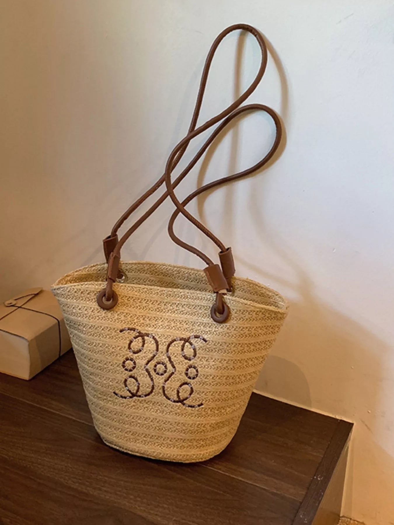 Straw Bucket Shoulder Bag - top view showing open top