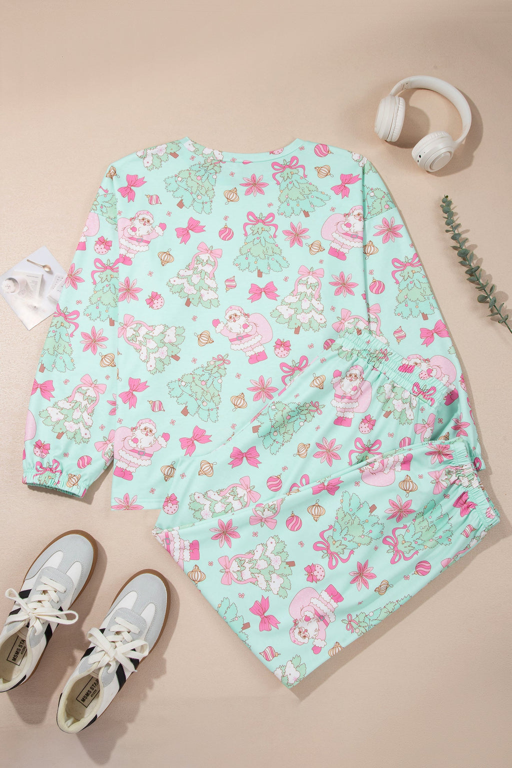 Christmas Santa Tree Pajama Set in green, styled view