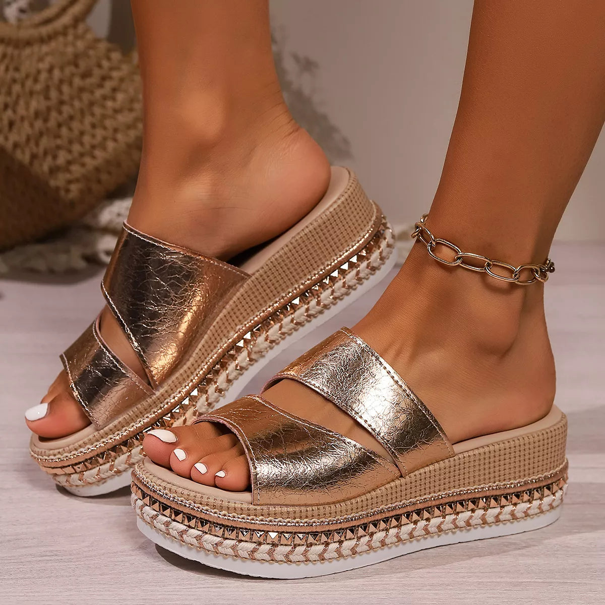Open Toe Wedge Sandals in Gold - back view