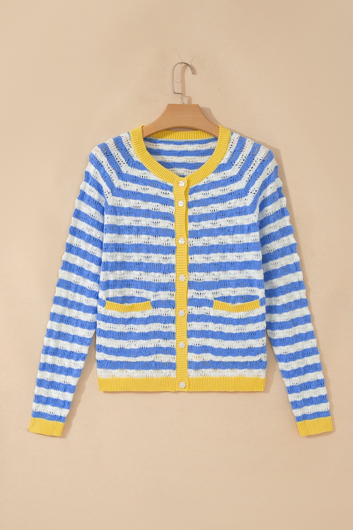 Stripe Colorblock Button Front Cardigan in sky blue stripe, detail