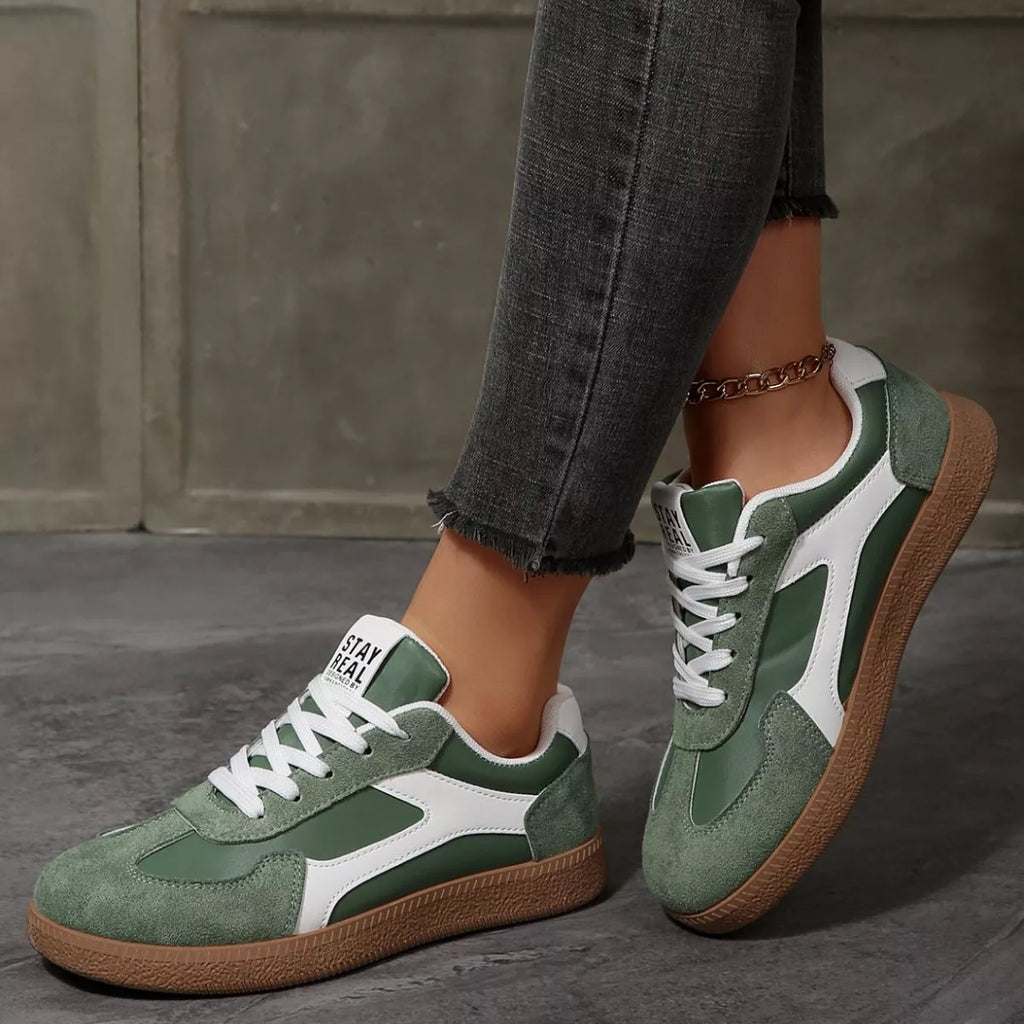Round Toe Flats Sneakers in Green - side view