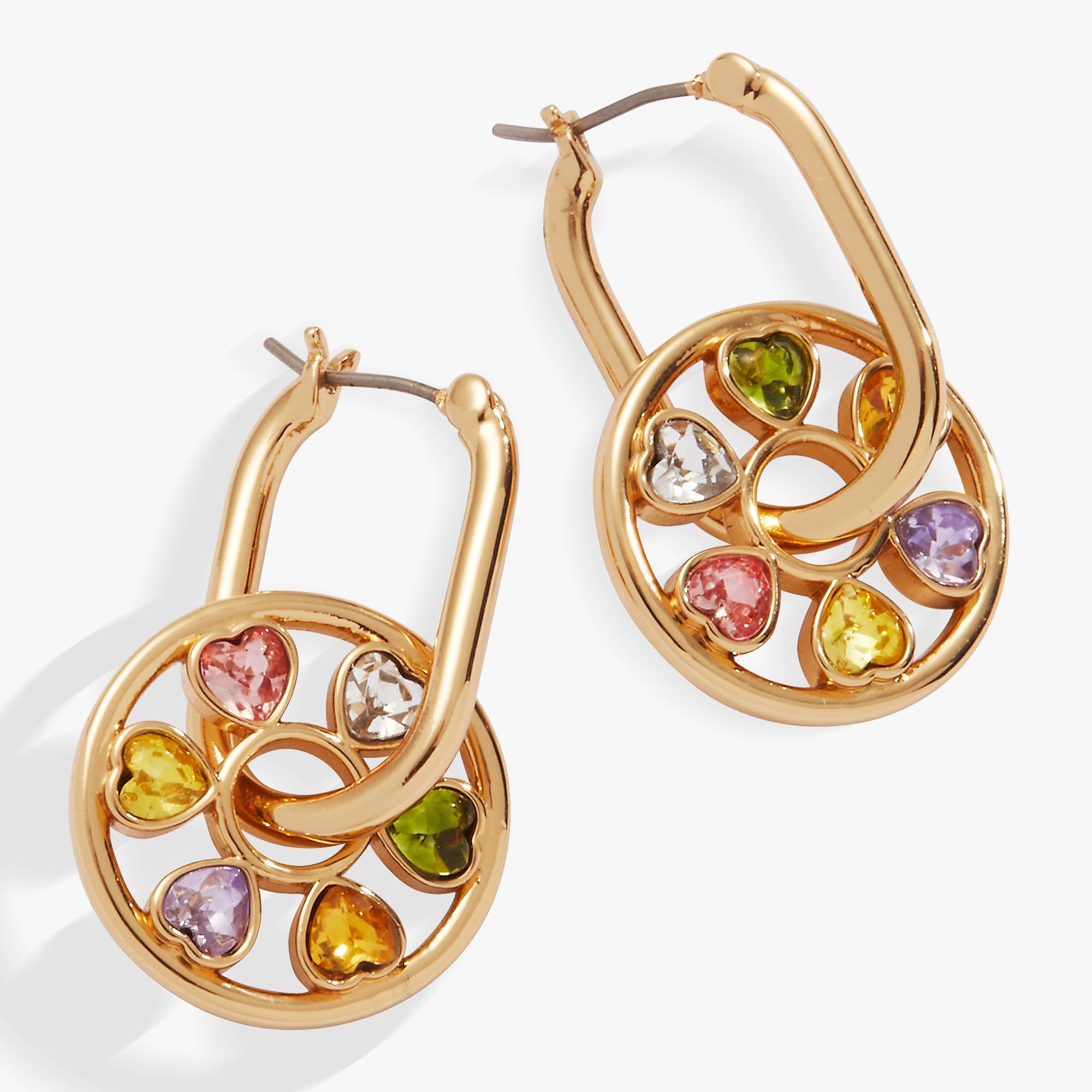 Heart Crystal Wheel Hoop Earrings in Gold - crystal heart wheel on huggie hoop