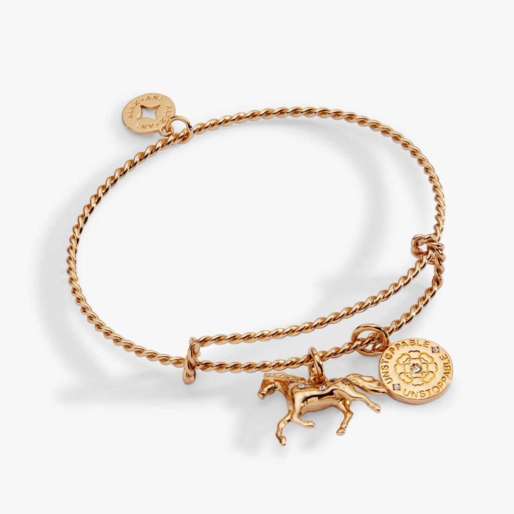 Horse Rope Textured Charm Bangle in Gold - horse charm on rope textured bangle