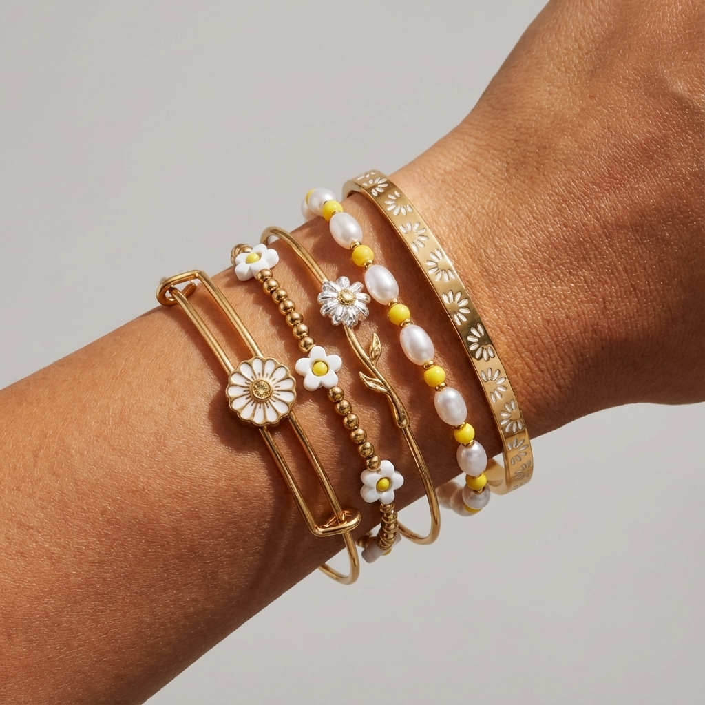 Daisy Flower Beaded Bangle Set of 5 - styled on wrist
