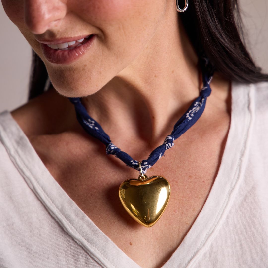 Navy Bandana Charm Necklace with Gold Medium Heart Locket charm
