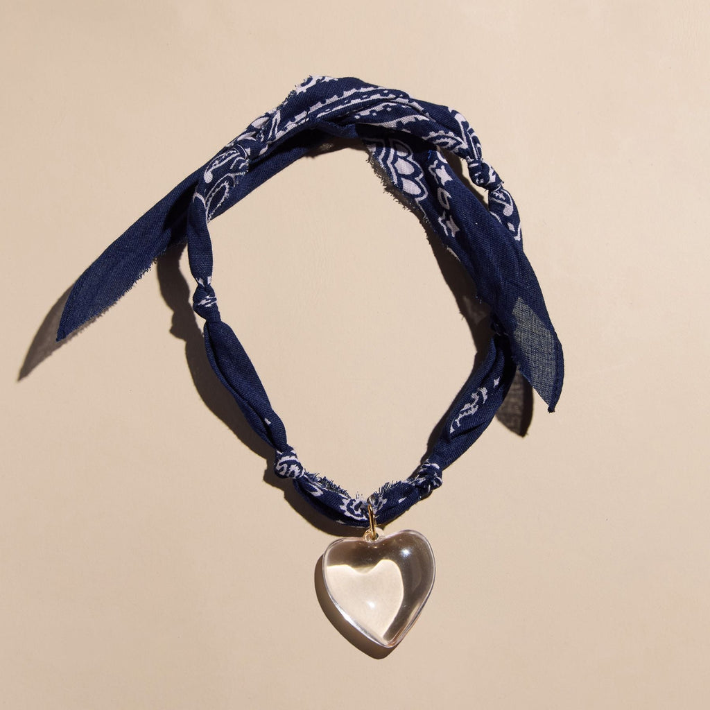 Navy Bandana Charm Necklace with Silver Oversized Heart Charm
